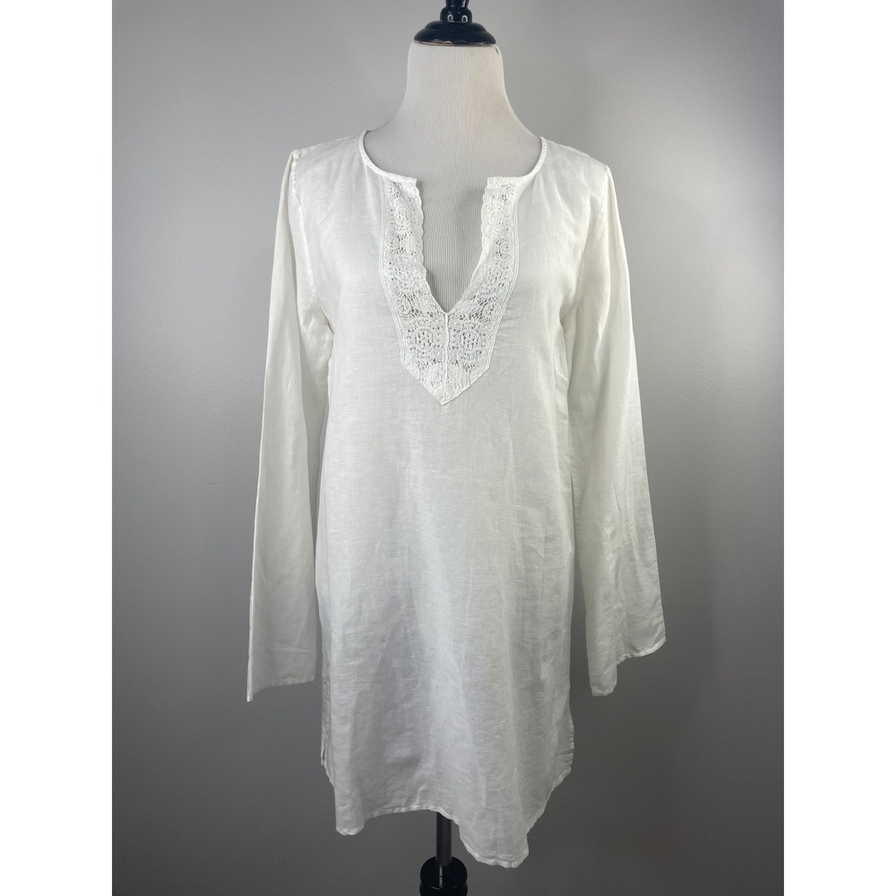 J.Crew NWT Womens White Linen Cotton Lace Trim V-Neck Tunic Cover Up 82850 Large